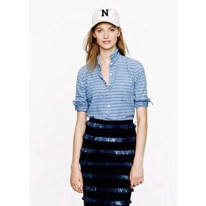 J Crew Women Striped Chambray Denim Popover Shirt Top Blouse Nautical Blue Sz 00